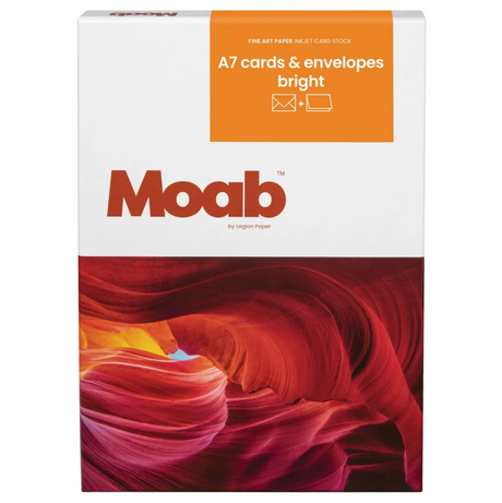 MOAB Bright Artist Cards & Envelopes by MOAB come in a box with an abstract red canyon image and orange label, describing the fine art cotton paper cards as premium inkjet printable card stock.