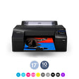 Front view of the Epson SureColor P5370 17" Wide Printer (SCP5370SE) by Epson producing a vivid image. Below, icons showcase its 17-inch print size and advanced 10-color printing with assorted color swatches.