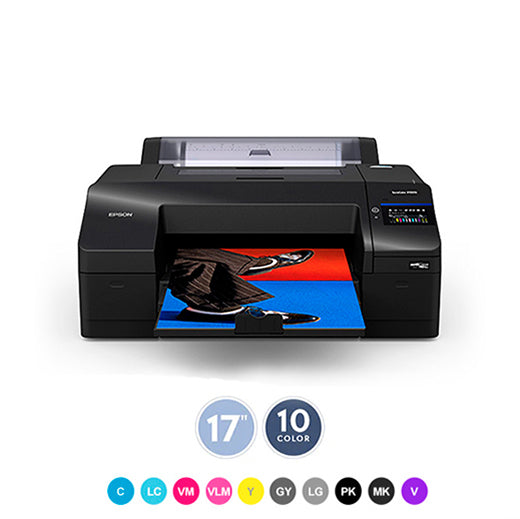 Front view of the Epson SureColor P5370 17" Wide Printer (SCP5370SE) by Epson producing a vivid image. Below, icons showcase its 17-inch print size and advanced 10-color printing with assorted color swatches.