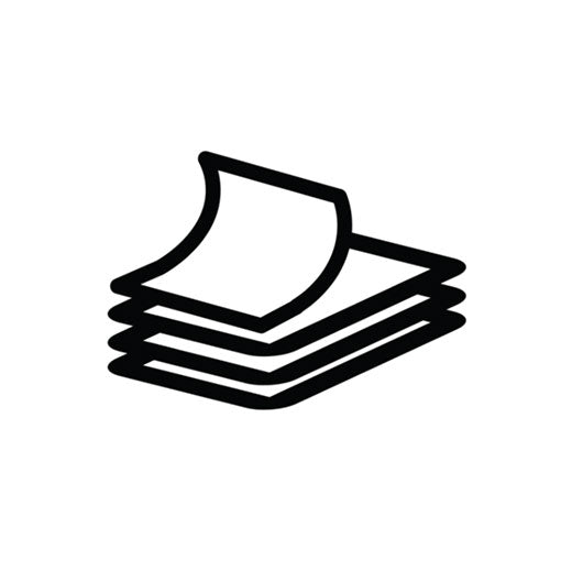 Simple black icon of a stack of four sheets, resembling Epson SureLab Photo Paper Luster (250) - Cut Sheets by Epson, with the top sheet's corner slightly lifted, on a white background.