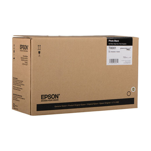 A brown Epson box labeled SureColor P10000/P20000 Photo Black Ink Cartridge 700ml - 4 Pack (T80010V) sits unopened against a white background, featuring Epson branding and product details on the front.