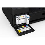 Close-up of the Epson SureColor P5370 17" Wide Printer (SCP5370SE) by Epson, with its ink compartment open to reveal black, cyan, magenta, and yellow cartridges, and instructional label visible on the inner panel.