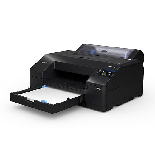 An Epson SureColor P5370 17" Wide Printer (SCP5370SE) in black with an open paper tray of white sheets, angled left, shown on a plain white background.