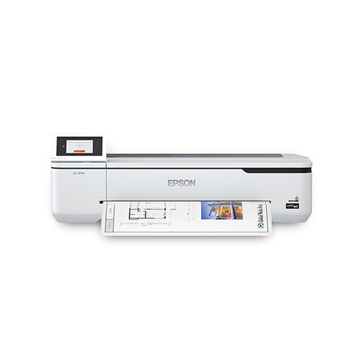 The Epson SureColor T2170 Wireless Printer (24", SCT2170SR) by Epson is shown printing a color architectural plan on a wide sheet, ideal for technical and graphics printing, against a plain white background.