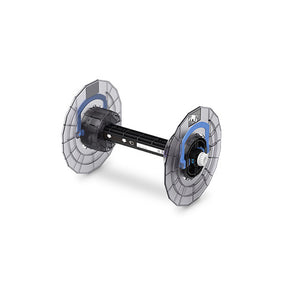 A black cylindrical device with two large, flat, gear-like discs on either end, featuring blue and white accents, isolated on a white background.