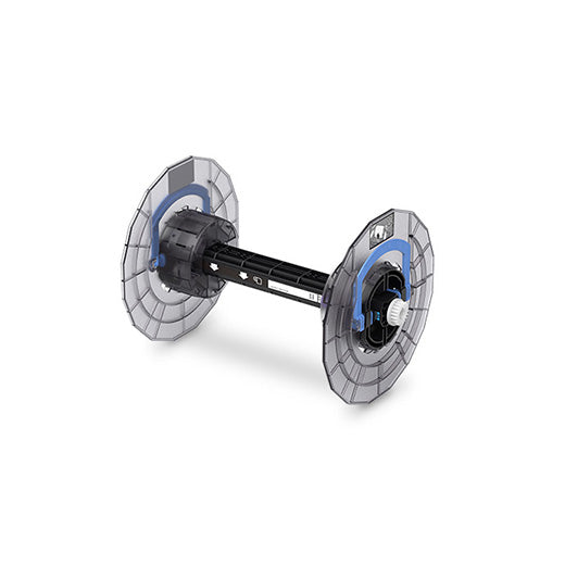 A black cylindrical device with two large, flat, gear-like discs on either end, featuring blue and white accents, isolated on a white background.