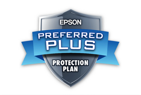 A shield logo with a blue ribbon displays “4-Year Epson Preferred Plus Next-Business-Day On-Site Repair Extended Service Plan (At Time of Hardware Purchase) - SureColor P8500” in white and blue, representing Epson Warranty’s service program.