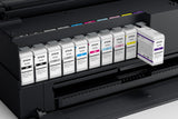 The image shows an Epson SureColor P900 17” Wide Photo Printer with an  Ultrachrome PRO10 ink cartridges inserted on a printer slots