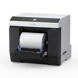 A front view of the Epson SureLab D1070DE Professional Minilab Photo Printer with Double-Sided Printing (SLD1070DE), showing its open front panel and visible paper roll. The mostly white and black printer has a top digital display.