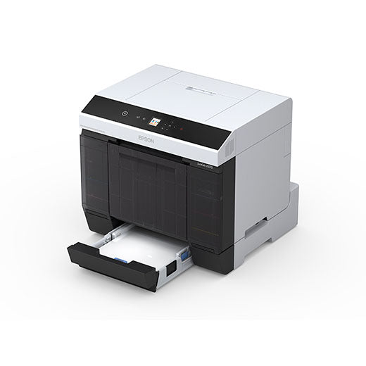 The Epson SureLab D1070DE Professional Minilab Photo Printer (SLD1070DE) by Epson, shown in white and black with an open front paper tray and digital display panel, features double-sided printing—ideal for modern minilab environments.