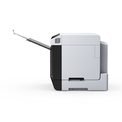 A side view of the Epson SureLab D1070DE Professional Minilab Photo Printer with Double-Sided Printing (SLD1070DE) by Epson, shown in white with its paper output tray extended against a plain white background.