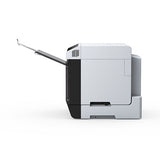 A side view of the Epson SureLab D1070DE Professional Minilab Photo Printer with Double-Sided Printing (SLD1070DE) by Epson, shown in white with its paper output tray extended against a plain white background.