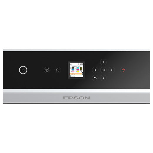 Control panel of the Epson SureLab D1070DE Professional Minilab Photo Printer (SLD1070DE) features a central color display, power and function buttons, navigation arrows, and Epson logo. Its sleek black-and-white design fits any modern minilab setup.