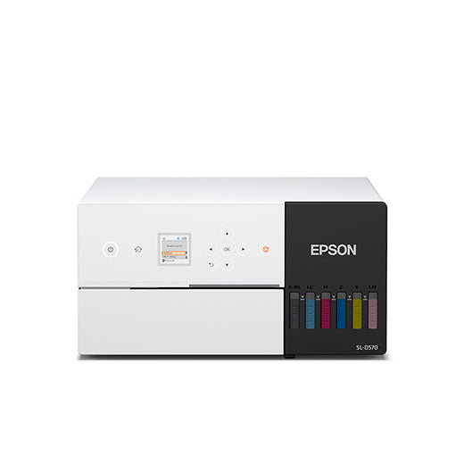 Front view of the Epson SureLab D570 Professional Minilab Photo Printer with a display screen, control buttons, and color ink tanks (LC, C, M, Y, PK, GY, LM) on the right side—ideal for event photo printing.
