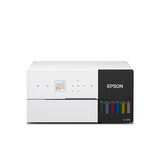 Front view of the Epson SureLab D570 Professional Minilab Photo Printer with a display screen, control buttons, and color ink tanks (LC, C, M, Y, PK, GY, LM) on the right side—ideal for event photo printing.