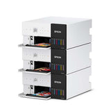 Three stacked Epson SureLab D570 Professional Minilab Photo Printers, each with visible ink tanks and open trays printing vibrant photo pages. Sleek white design with black accents—ideal for high-quality event photo printing.