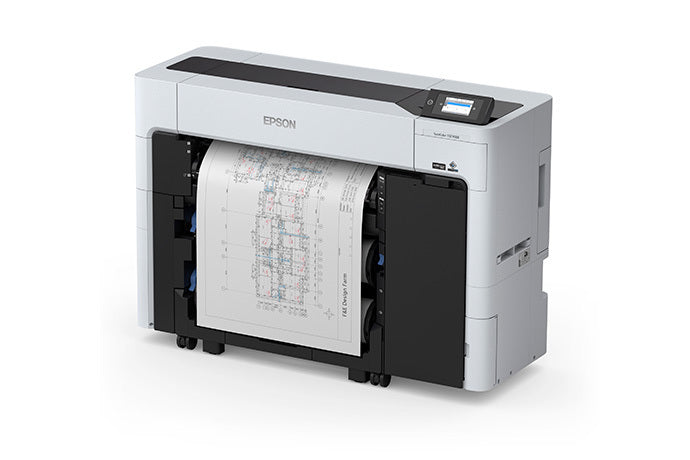 An Epson SureColor T3770DR 24" Wide-Format Dual-Roll CAD/Technical Printer by Epson prints a technical blueprint on large paper. The white and black printer features a small color display at the top right.