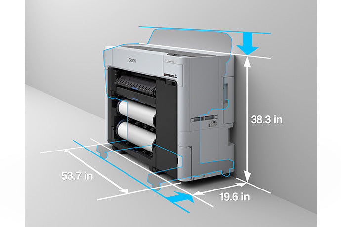 An Epson SureColor T3770DR 24" Wide-Format Dual-Roll CAD/Technical Printer by Epson stands by the wall, its size marked: 53.7" wide, 38.3" tall, and 19.6" deep; it features two internal paper rolls for high-speed printing tasks.