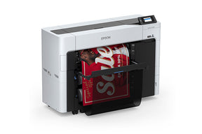 The Epson SureColor T3770DE 24" Wide-Format Dual-Roll CAD/Technical Printer by Epson produces a vibrant sale poster with Save 30% in bold red and white. This high-speed printer features a digital display and output tray.