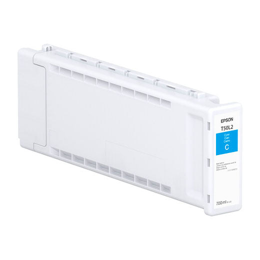 The Epson Cyan UltraChrome PRO6 Ink Cartridge (T50L220), 700ml, pigment-based and rectangular, is shown against a white background. Designed by Epson for engineering and scientific uses.