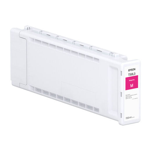 An Epson Magenta UltraChrome PRO6 Ink Cartridge (700ml, T50L320) stands on its side against a white background—perfect for engineering and scientific uses.