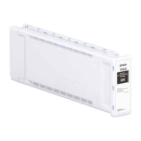 The Epson Matte Black UltraChrome PRO6 Ink Cartridge (T50L820, 700ml) features a large, rectangular white and gray body and contains pigment-based ink for professional engineering and scientific use.