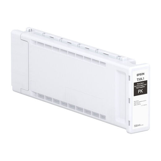 The Epson Photo Black UltraChrome PRO6 Ink Cartridge (T50L120) is a 700ml rectangular cartridge for engineering and scientific use, branded by Epson and featuring a white body with its label on one end.