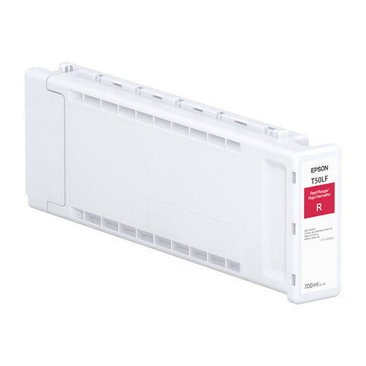The Epson Red UltraChrome PRO6 Ink Cartridge (T50LF20) offers 700ml of pigment-based ink for vibrant color graphics, shown in a white cartridge against a plain white background.