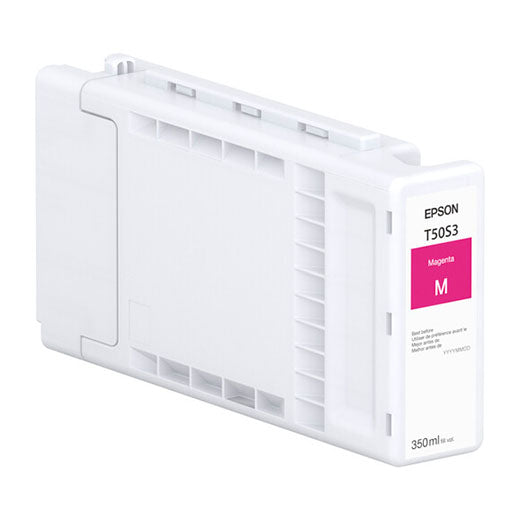 The Epson Magenta UltraChrome PRO6 Ink Cartridge (T50S320), 350ml, is shown. This pigment-based ink cartridge by Epson features a pink M label and is designed for printers, displayed against a plain background.