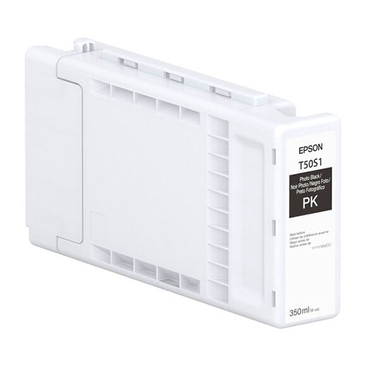 The Epson Photo Black UltraChrome PRO6 Ink Cartridge (350ml, T50S120) by Epson is pictured upright against a white background, designed for engineering and scientific uses with pigment-based UltraChrome XD3 Ink.