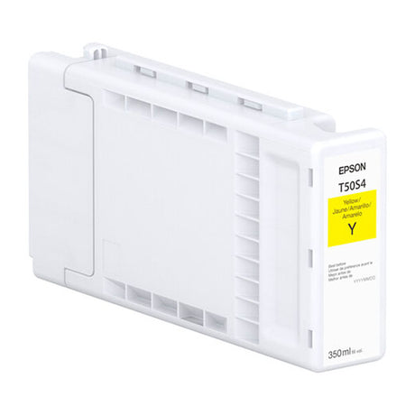 The Epson Yellow UltraChrome PRO6 Ink Cartridge (T50S420) is a 350ml pigment-based ink cartridge, ideal for engineering and scientific use. This rectangular Epson cartridge features a label on the right side.