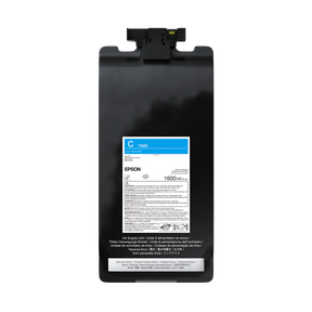The Epson UltraChrome PRO12 Cyan Ink Bag (T56E220, P20570), 1.6L, features a blue and white label with details and a top connector. Designed for SureColor professional printers.