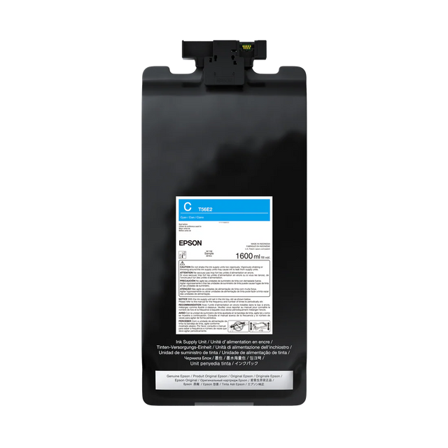 The Epson UltraChrome PRO12 Cyan Ink Bag (T56E220, P20570), 1.6L, features a blue and white label with details and a top connector. Designed for SureColor professional printers.