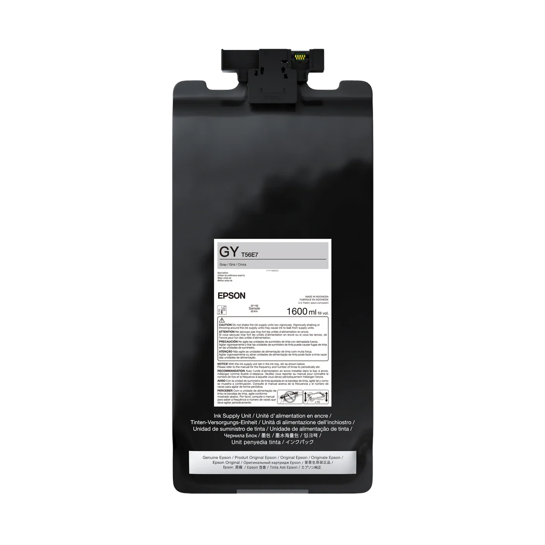 The Epson UltraChrome PRO12 Gray Ink Bag, 1.6L (P20570 - T56E720), shown against a plain white background with product info and safety warnings on the label and a cap on top, is designed for SureColor P-Series printers.