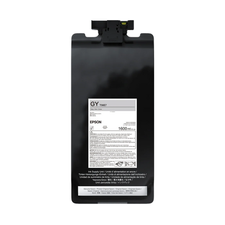 The Epson UltraChrome PRO12 Gray Ink Bag, 1.6L (P20570 - T56E720), shown against a plain white background with product info and safety warnings on the label and a cap on top, is designed for SureColor P-Series printers.