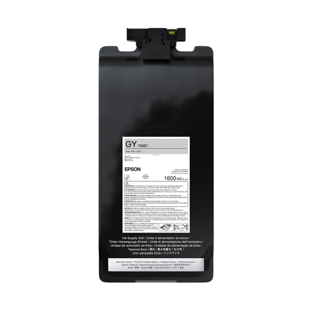 The Epson UltraChrome PRO12 Gray Ink Bag, 1.6L (P20570 - T56E720), shown against a plain white background with product info and safety warnings on the label and a cap on top, is designed for SureColor P-Series printers.