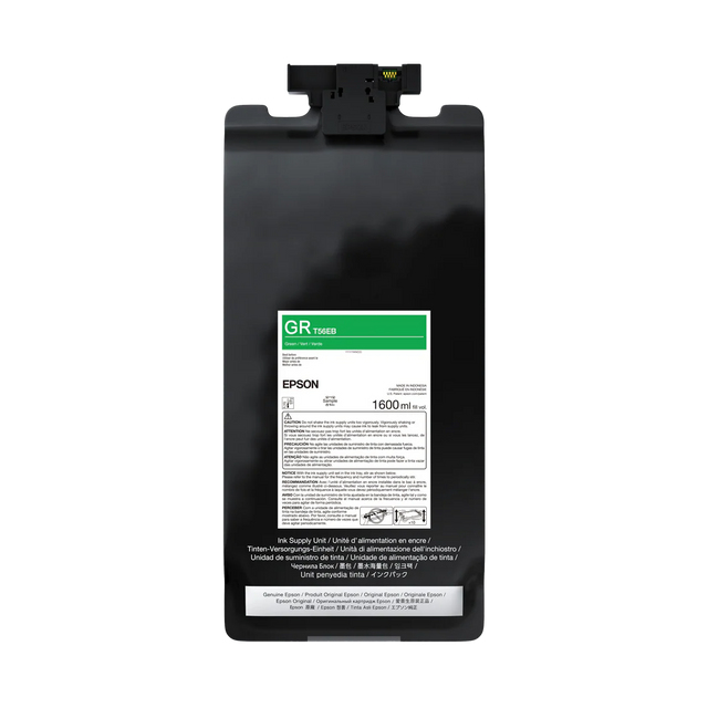 The Epson UltraChrome PRO12 Green Ink Bag (1.6L, P20570 - T56EB20) is a professional-grade archival pigment ink for use in Epson printers. The packaging displays product information and safety warnings.