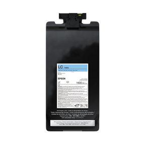 The Epson UltraChrome PRO12 Light Cyan Ink Bag (1.6L, T56E520, P20570) is a 1600 mL pigment ink pouch with nozzle attachment, designed for SureColor professional printers and labeled “LC” for light cyan.