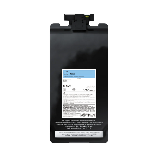 The Epson UltraChrome PRO12 Light Cyan Ink Bag (1.6L, T56E520, P20570) is a 1600 mL pigment ink pouch with nozzle attachment, designed for SureColor professional printers and labeled “LC” for light cyan.