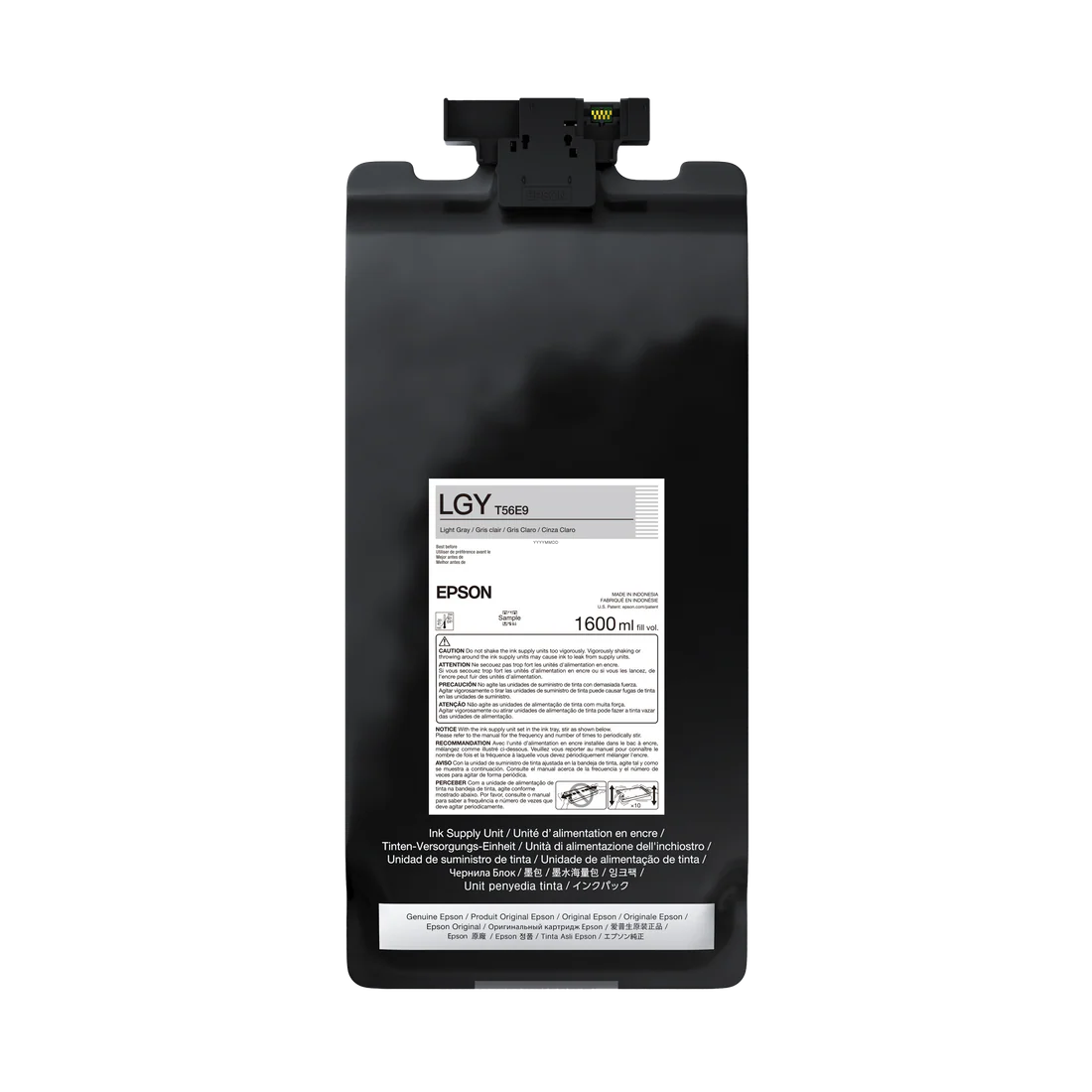 A black, rectangular Epson UltraChrome PRO12 Light Gray Ink Bag (1.6L, P20570, T56E920), featuring a barcode, usage instructions, and yellow tab—ideal for professional printers—is shown against a plain white background.