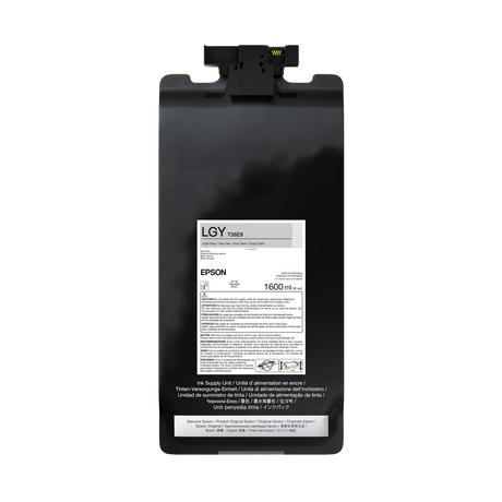 A black, rectangular Epson UltraChrome PRO12 Light Gray Ink Bag (1.6L, P20570, T56E920), featuring a barcode, usage instructions, and yellow tab—ideal for professional printers—is shown against a plain white background.