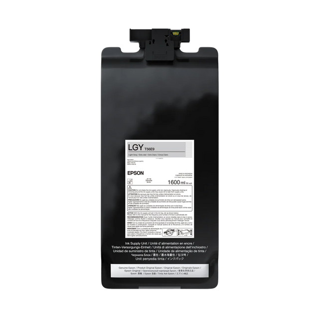 A black, rectangular Epson UltraChrome PRO12 Light Gray Ink Bag (1.6L, P20570, T56E920), featuring a barcode, usage instructions, and yellow tab—ideal for professional printers—is shown against a plain white background.