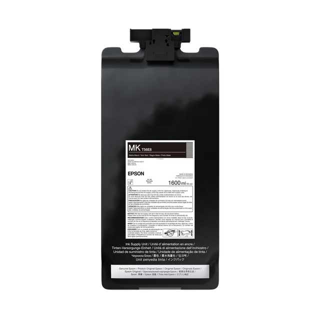 The Epson UltraChrome PRO12 Matte Black Ink Bag (1.6L, P20570, T56E820) features a white label and black connector, designed for SureColor professional printers.