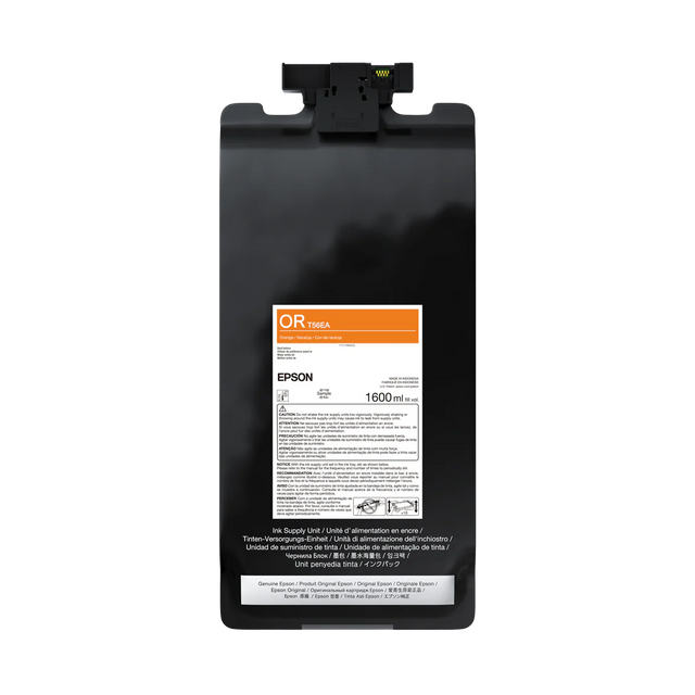 The Epson UltraChrome PRO12 Orange Ink Bag, 1.6L (P20570 - T56EA20) features an orange and white label and is shown against a plain white background. Designed for SureColor professional printers, it contains archival pigment ink.