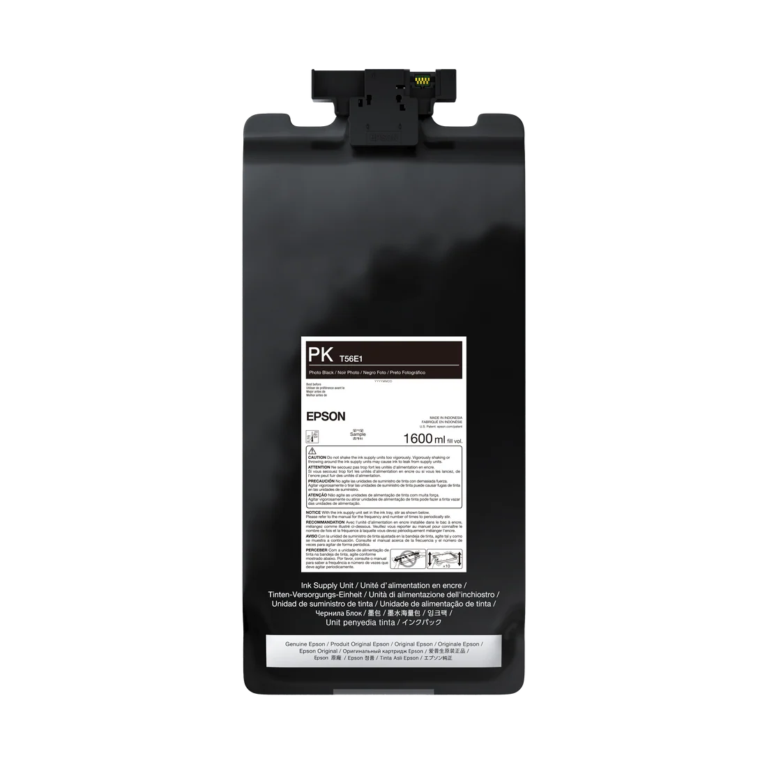 The Epson UltraChrome PRO12 Photo Black Ink Bag, 1.6L (P20570 - T56E120), features archival pigment ink and product details on the front. It is shown against a white background.