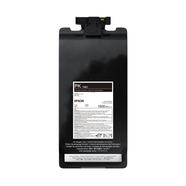 The Epson UltraChrome PRO12 Photo Black Ink Bag, 1.6L (P20570 - T56E120), features archival pigment ink and product details on the front. It is shown against a white background.