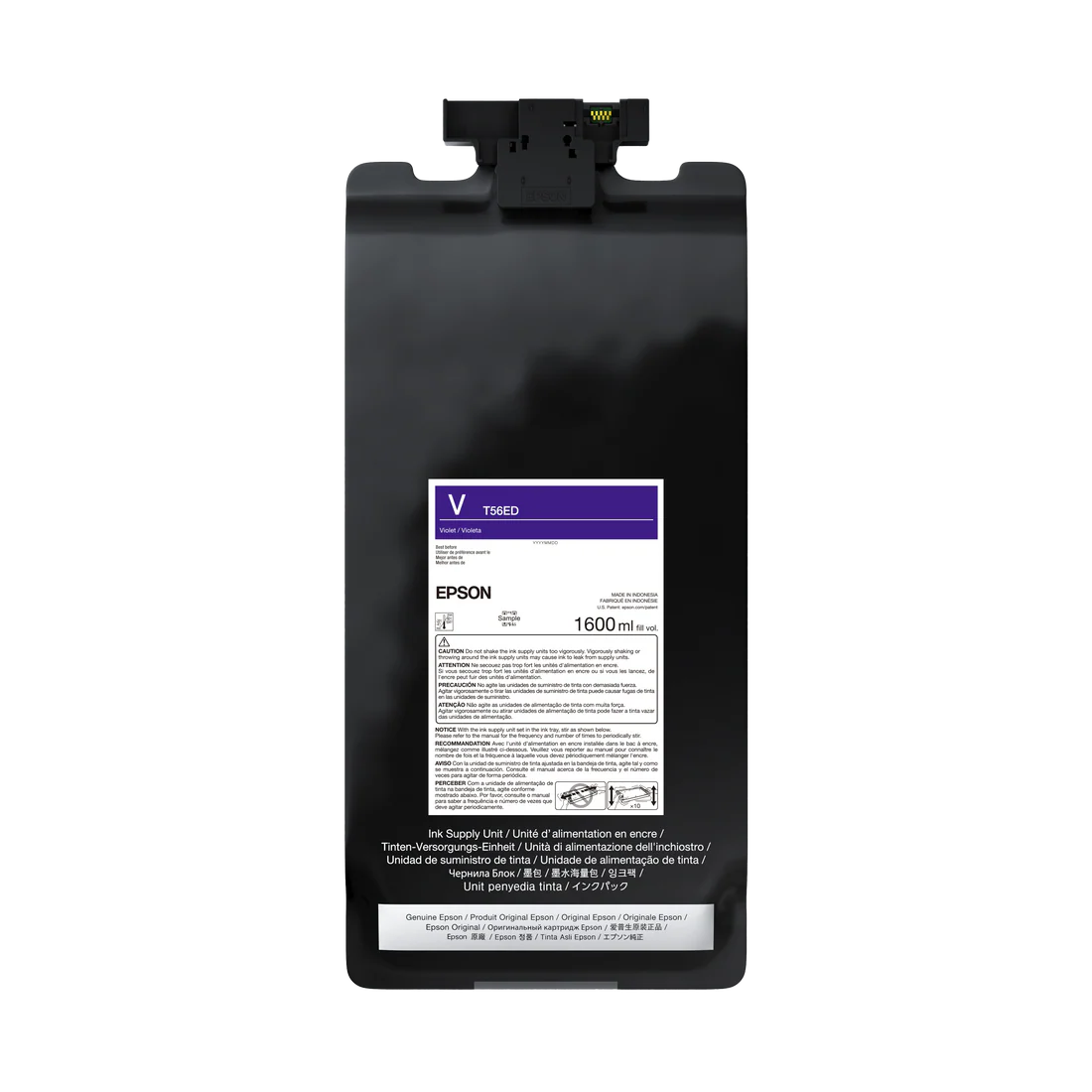 The Epson UltraChrome PRO12 Violet Ink Bag, 1.6L (P20570 - T56ED20), features archival pigment ink for SureColor printers and comes with a purple label marked V T46ED and product details on a white label.
