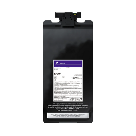 The Epson UltraChrome PRO12 Violet Ink Bag, 1.6L (P20570 - T56ED20), features archival pigment ink for SureColor printers and comes with a purple label marked V T46ED and product details on a white label.