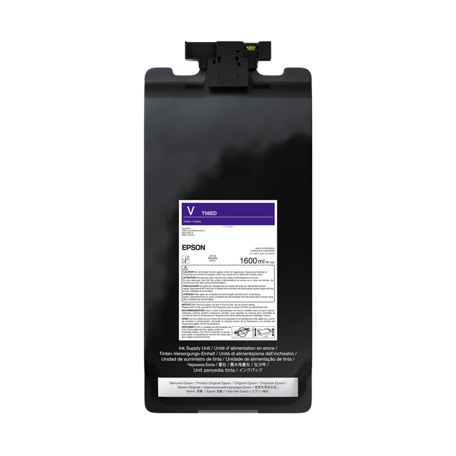 The Epson UltraChrome PRO12 Violet Ink Bag, 1.6L (P20570 - T56ED20), features archival pigment ink for SureColor printers and comes with a purple label marked V T46ED and product details on a white label.