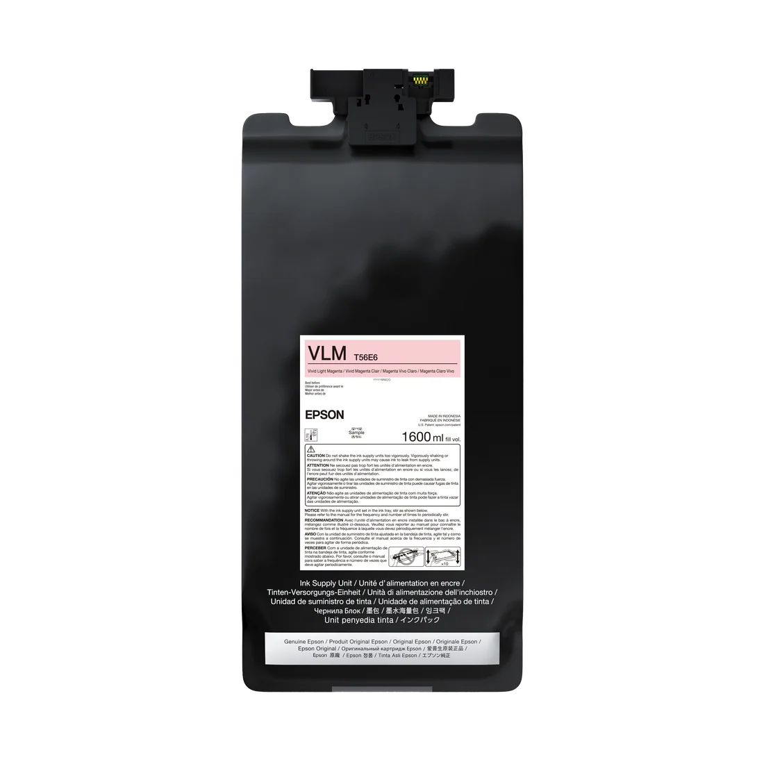 The Epson UltraChrome PRO12 Vivid Light Magenta Ink Bag (T56E620, 1.6L) features a pink label and top nozzle for easy use in SureColor pro printers. Archival pigment ink ensures exceptional print quality. Brand: Epson.